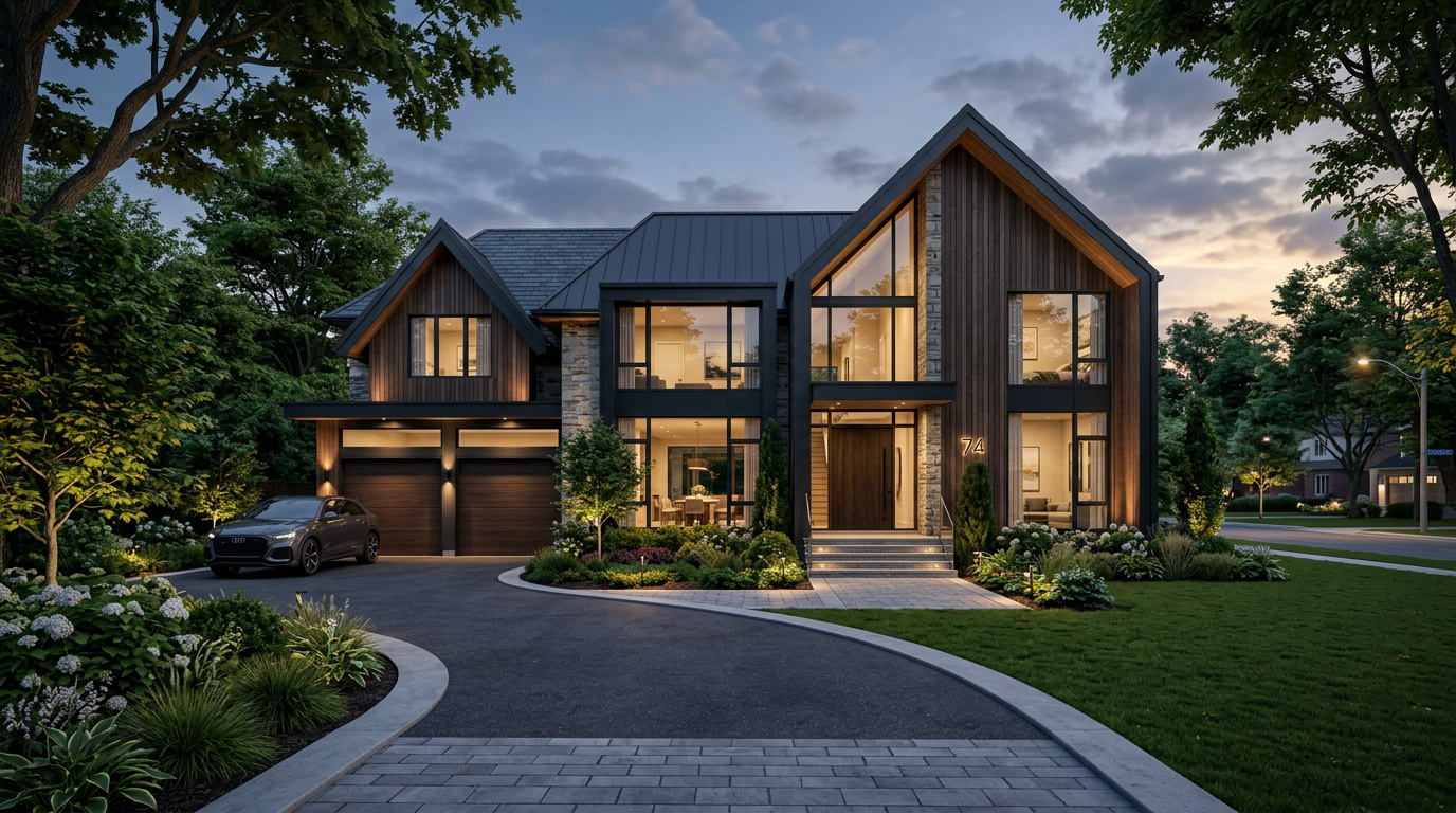 Cedar & Stone Residence — modern gabled home in wood and stone glowing at dusk