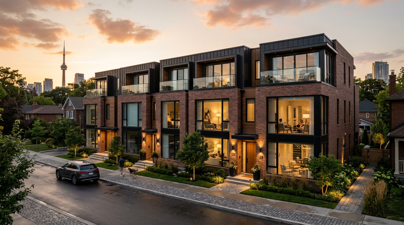 Riverside Towns — brick-and-glass townhomes at golden hour with the Toronto skyline beyond