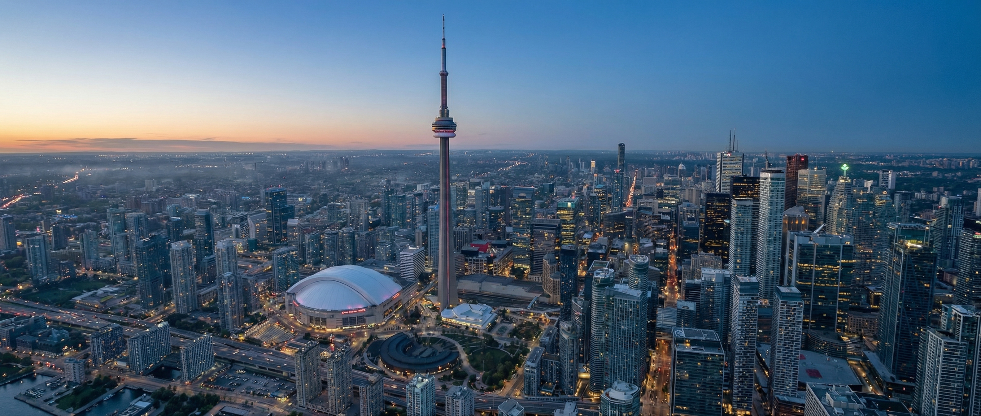 Toronto downtown aerial at golden hour — AI-generated drone establishing shot