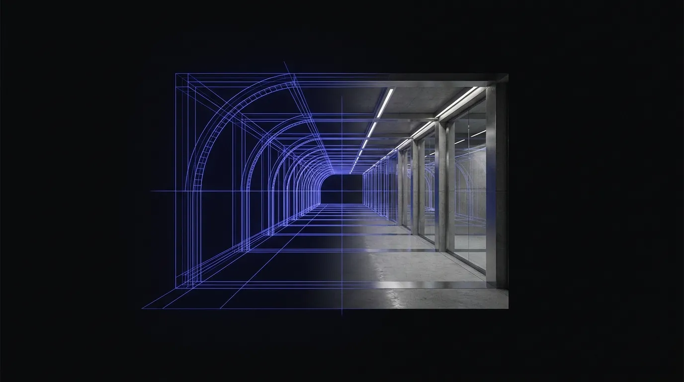 An architectural tunnel from indigo wireframe to photoreal render — previs.