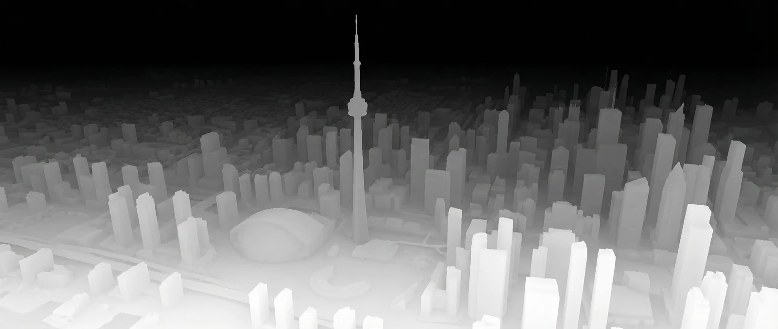 Grayscale depth map of the Toronto skyline with the CN Tower, Rogers Centre dome and buildings rendered near-to-far, brightest closest to camera.