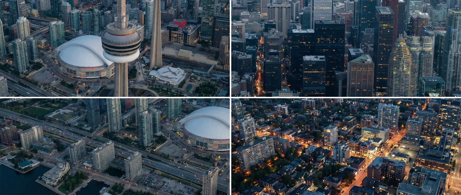 Four close-up crops from the Toronto aerial: the CN Tower and dome, the financial district after dark, the waterfront rail lands, and a residential neighbourhood at night.