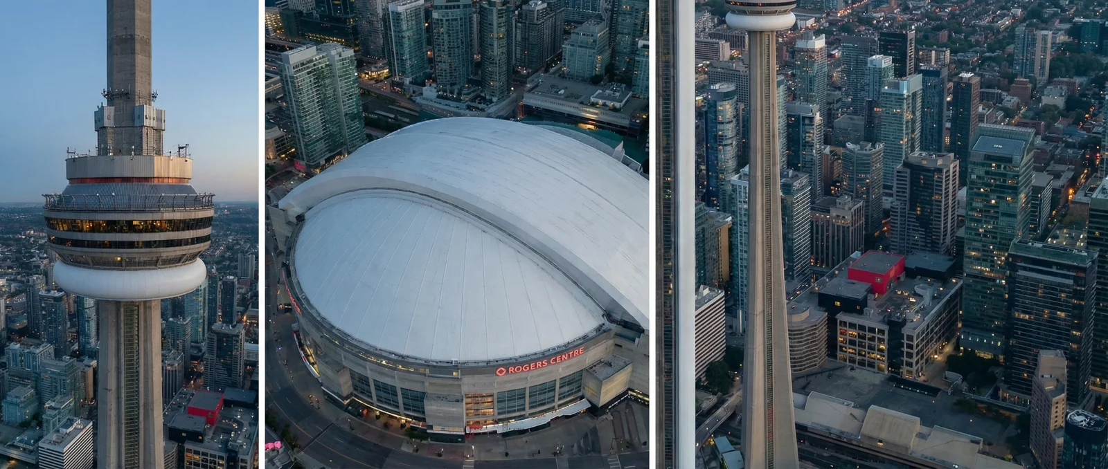 Three tight crops from the Toronto aerial: the CN Tower's pod and antenna, the ribbed roof of the Rogers Centre, and the tower shaft against surrounding towers.