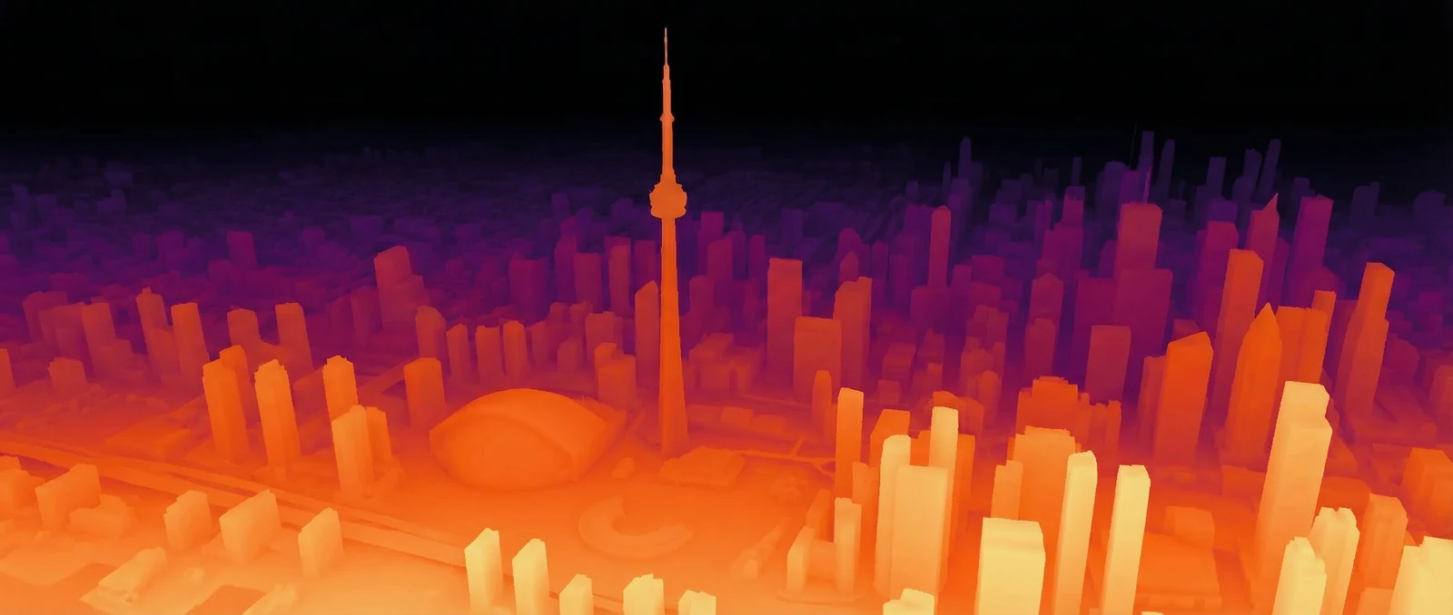 Orange-and-purple photometric heat map of the same Toronto skyline, showing how depth and light distribute across the buildings.