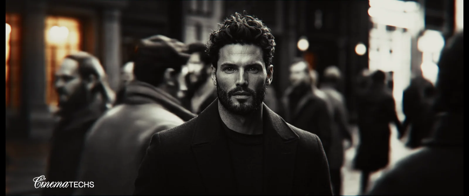A man in a dark coat holding the frame in a monochrome, out-of-focus crowd.