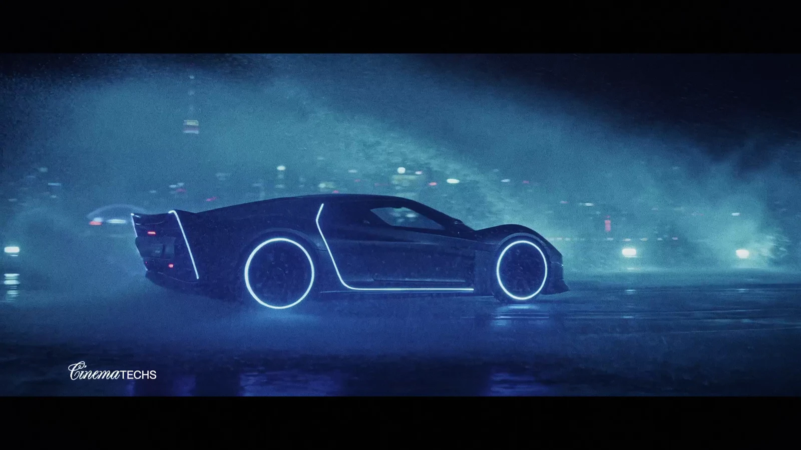 Finished photoreal frame of the Chrome concept car in profile, blue rim light and glowing wheels on a wet street with the Toronto skyline behind it.