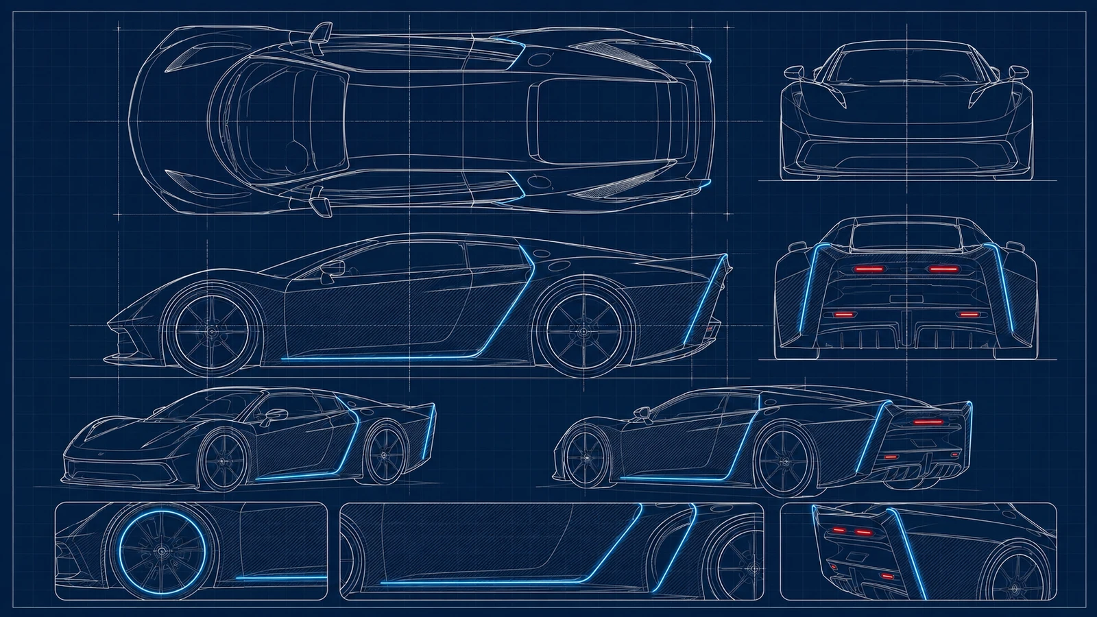 Blueprint line-art turnaround of the Chrome concept car on a navy grid, showing the same six orthographic angles and three detail insets rendered as clean technical line art.