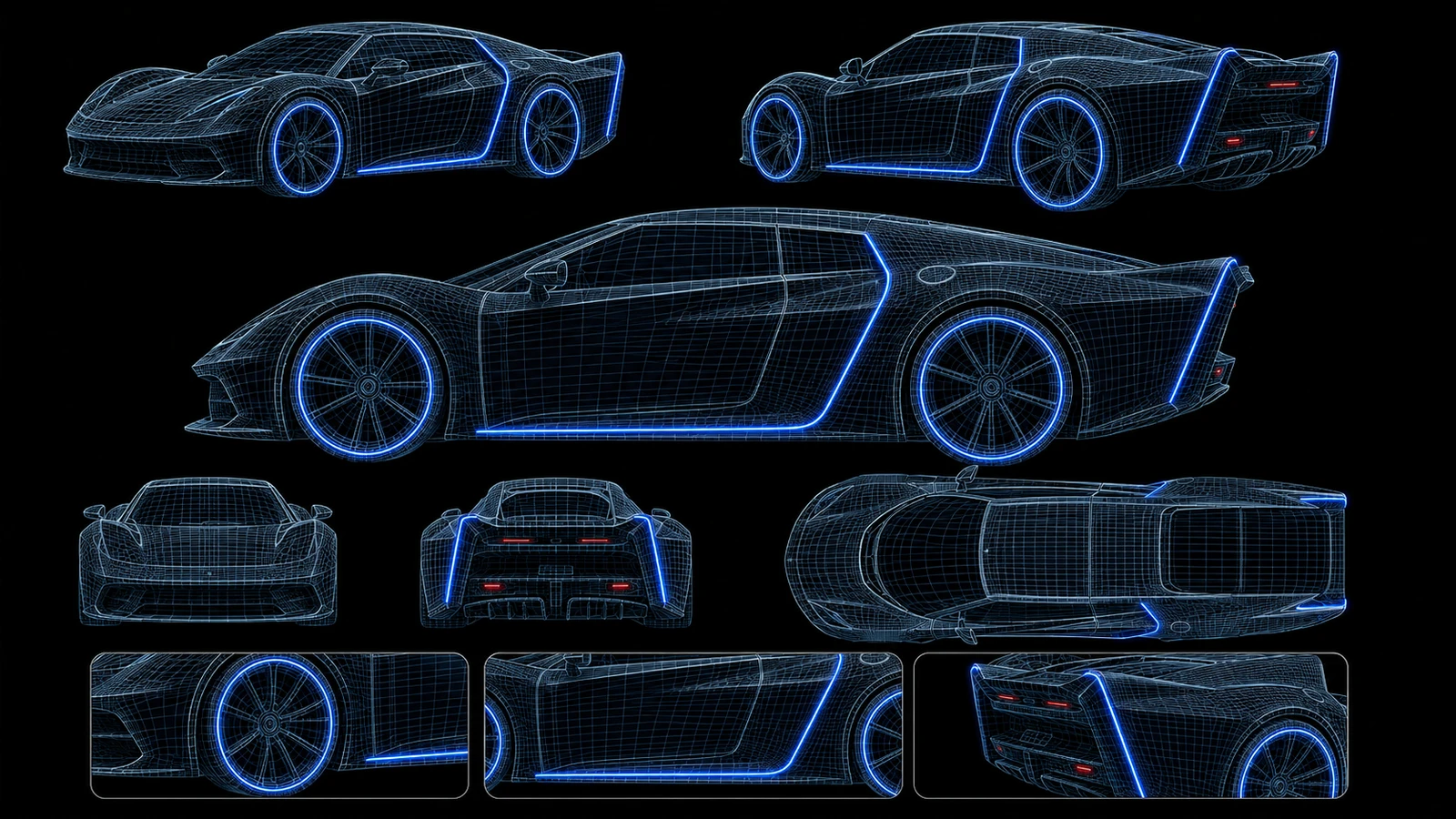 Neon-blue wireframe turnaround of the Chrome concept car on black, showing front and rear three-quarter, side, front, rear and top views with wheel, sill and diffuser detail insets, all sharing consistent geometry.