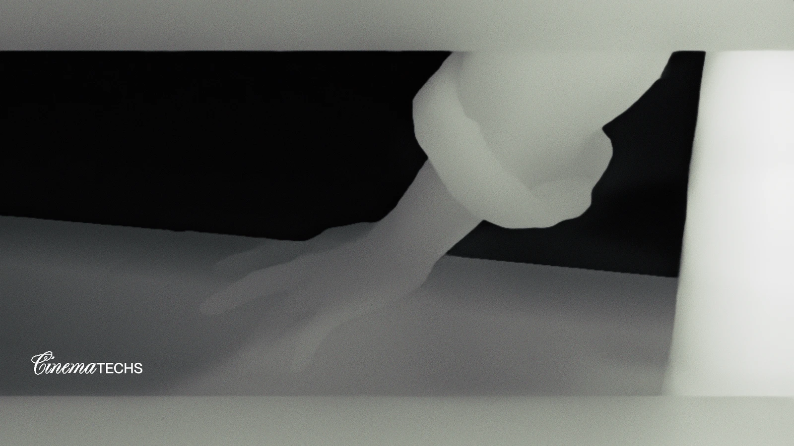 The proximity map of the same frame: the hand and forearm read as near, the water far, the hand sitting on the rail rather than floating above it.