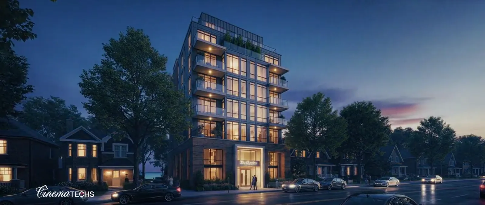 The Shoreline at blue-hour dusk — a frame from the Cinematechs launch film, lit windows against a deep blue sky.