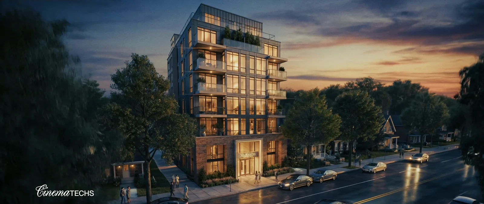 The Shoreline, a boutique lakeside mid-rise in Toronto, at dusk — warm-lit windows and balconies against a sunset sky.